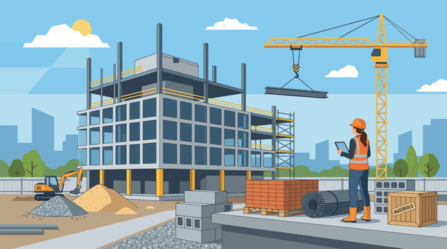 Construction Site with Crane, Builder, and Building Under Development