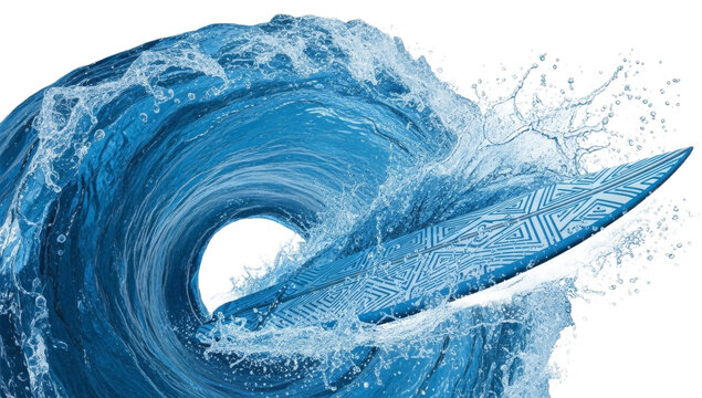 Surfing - Blue Ocean Wave Barrel with Tribal Pattern Surfboard Riding Through Curling Tube Wave