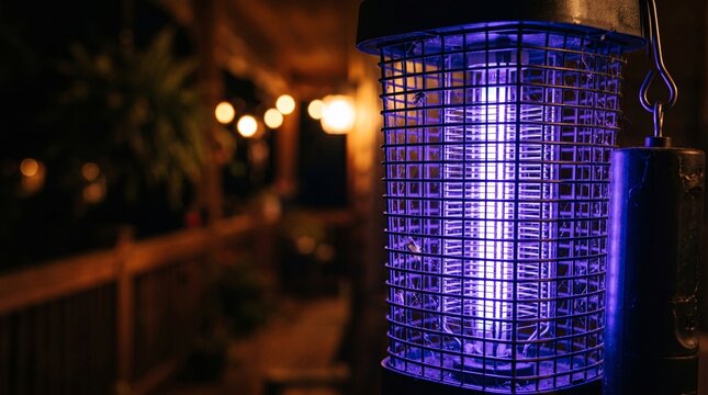Electric bug zapper with its violet UV glow, summer night porch