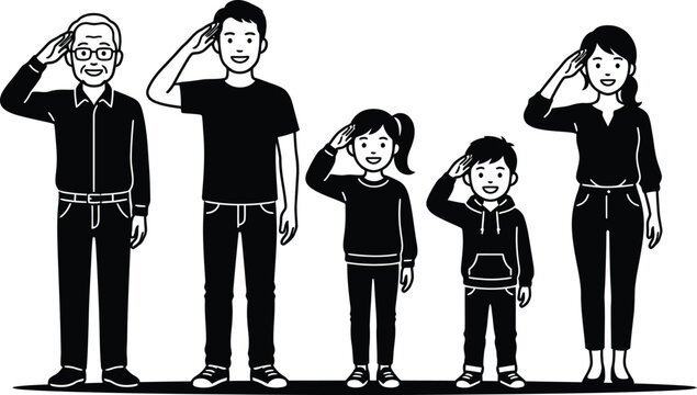 Black and white illustration of a family saluting together