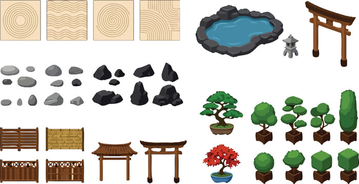 Japanese garden elements vector illustration with rocks, trees, fence, and pond