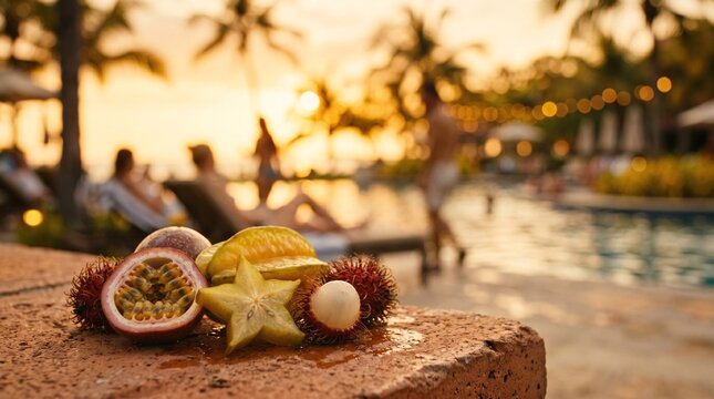 Fresh tropical fruits, golden bokeh of tropical resort pool scene at golden hour