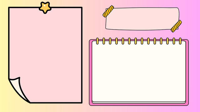 Cute vector illustration of blank note-taking elements pink sticky note, taped message frame, and spiral notebook. Ideal for digital planning and organization