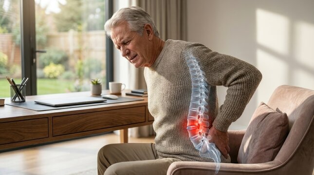 Aged man feel: spinal disorder, orthopedic aspect, neurological aspect, nerve compress, chronic back, degenerative disc, acute pain, lumbar discomfort.