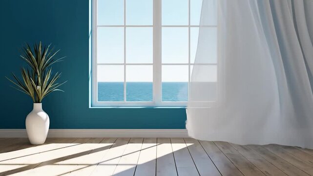 Minimalist blue room with large window overlooking sea and white curtains blowing in the wind