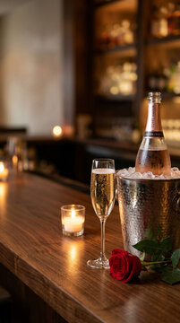 AI-generated scene with a bottle of Brut Reserve champagne in an ice bucket, a glass, and a rose on