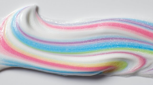 Close-up of a toothbrush with a glossy rainbow toothpaste swirl
