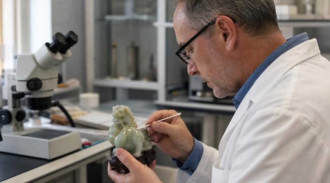 Art Conservator Restoring Antique Jade Figurine in Museum Laboratory