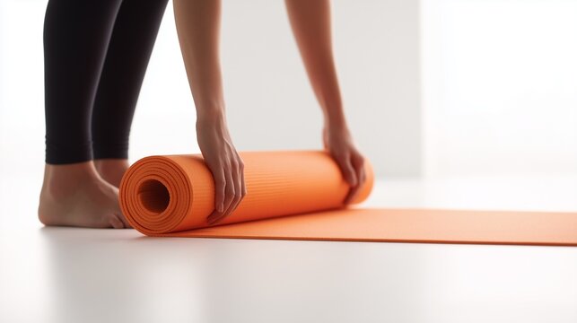 Minimal bright yoga scene with a woman rolling out an orange yoga mat