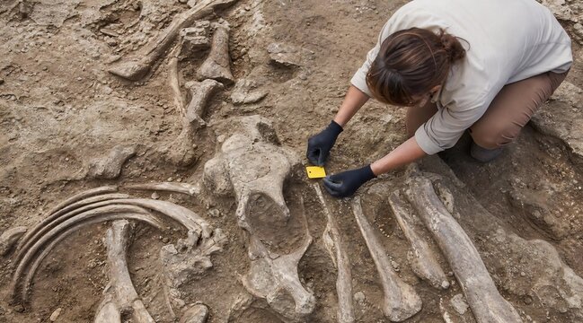 Archaeologist excavating prehistoric mammoth fossil bones at dig site