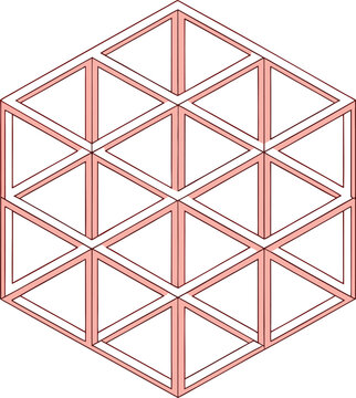 Abstract geometric wireframe structure forming an impossible hexagonal shape with intersecting lines and triangular patterns on white background