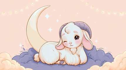 Naklejka premium Cute Goat Sleeping On Clouds Under Crescent Moon For Dreamy Concepts