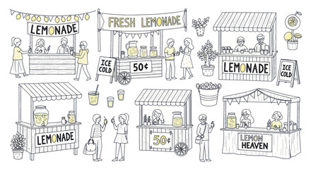 Hand-drawn Lemonade Stands with People and Refreshments © Riris