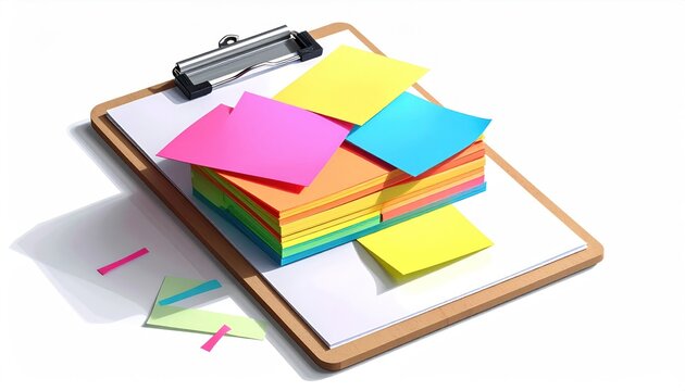Stack of colorful sticky notes on a wooden clipboard with loose notes scattered around