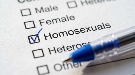 Obraz premium Hand checking homosexual option on gender and sexuality survey form with pen