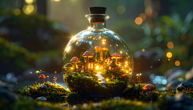 Whimsical Miniature Fairy Garden in Glass Bottle with Mushrooms and Lights
