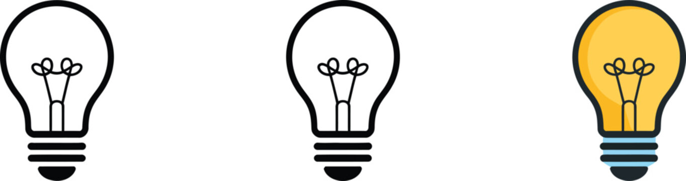 lightbulb idea icon set with glowing tips and hand drawn sketch style for creativity design