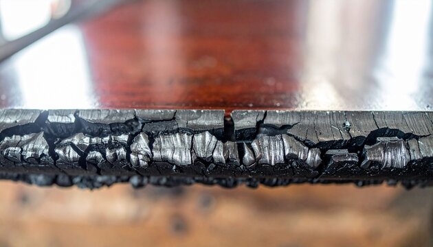 Close up of charred wood surface showing damage and texture from fire.