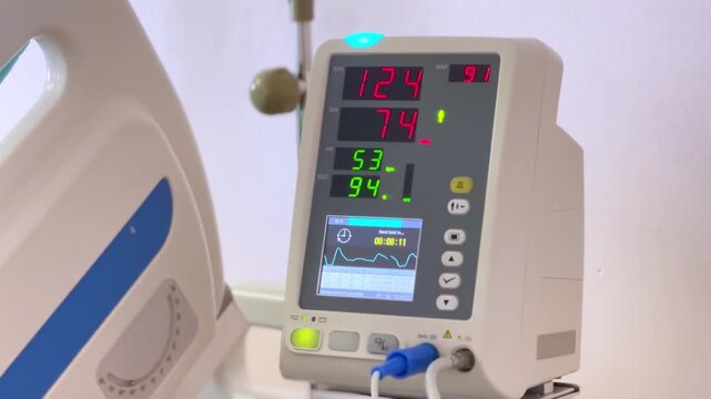Patient monitor displaying vital signs including heart rate blood pressure oxygen saturation waveform hospital room medical equipment background care