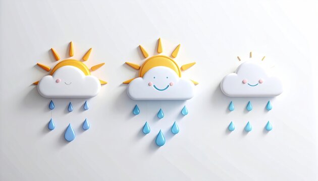 Cute 3D sun and clouds with raindrops happy face weather icons bright orange yellow