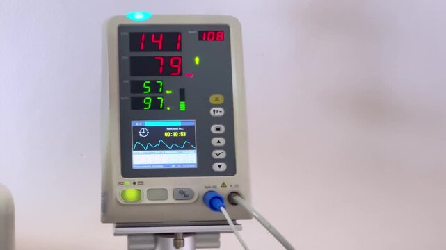 Patient monitor displaying vital signs including heart rate blood pressure oxygen saturation waveform clinical hospital setting for accurate