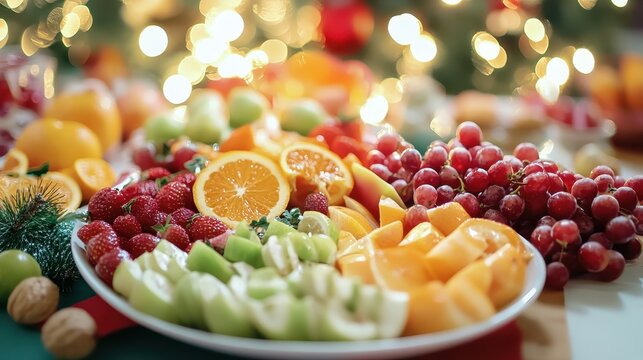 A vibrant fruit platter brimming with fresh, colorful selections arranged for a festive party celebration on a beautifully lit table.