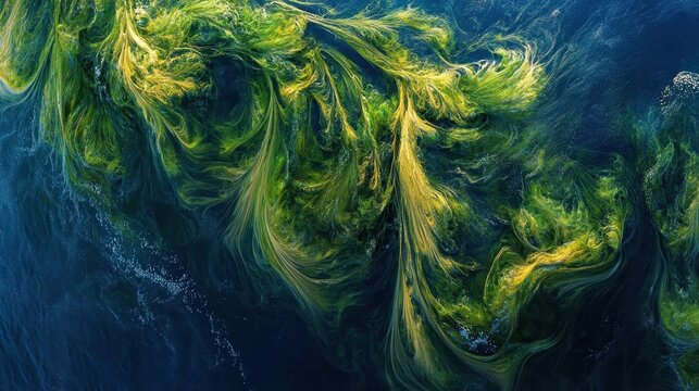 Abstract aerial view of oceanic currents displaying beautiful flowing patterns of nature's dynamic movement and color contrast.