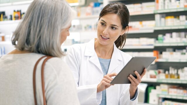 Pharmacist consulting senior woman using digital tablet in modern pharmacy interior