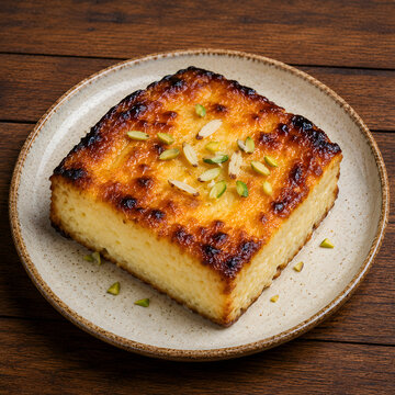 Baked Milk Cake ( Chena Poda) Indian Sweet Dessert with Pistachio Garnish Traditional Mithai Served on Plate Top View