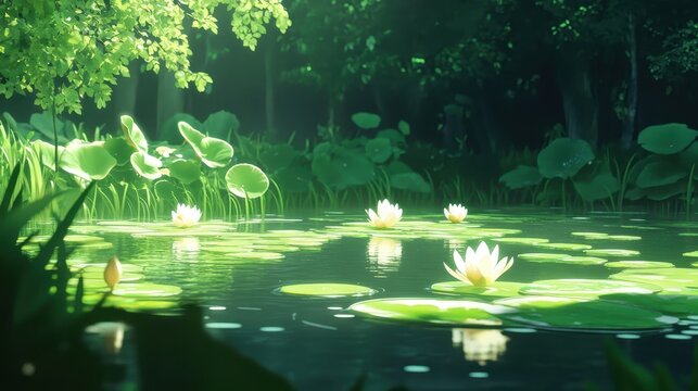 A Serene Spring Lake Abloom With Water Lilies Amidst Lush Greenery Bathed In Bright Sunlight
