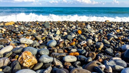 Obraz premium Colorful Pebbles on a Beach with Ocean Waves and Blue Sky.