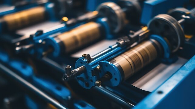 Intricate Blue Offset Printing Machine Mechanism with Metallic Rollers and Detailed Components