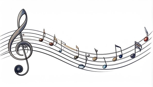 Musical notes and treble clef on a flowing musical staff illustration style