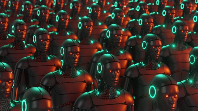 Futuristic 3d VJ loop featuring an endless crowd of identical cyborgs. High-tech sci-fi army visualization with neon lighting. Abstract digital performance for electronic music events and festivals.