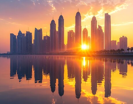 A serene cityscape at sunset with skyscrapers reflected in calm water (117)