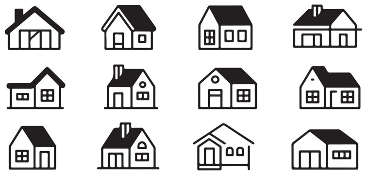 Group of stylized house icons featuring various rooflines and window designs on transparent.