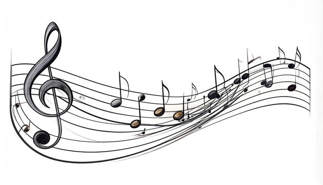 Elegant treble clef and musical notes on a flowing staff black ink illustration on white background