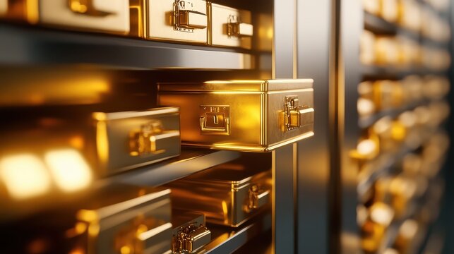 Rows of gleaming gold safe deposit boxes in a high-security vault, representing ultimate financial security and precious asset storage.