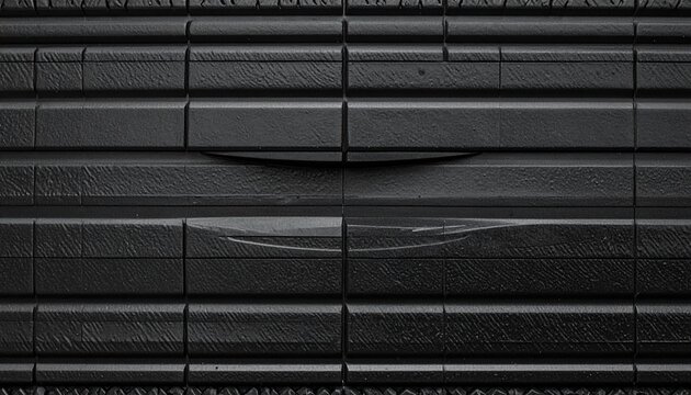 Close-up of a damaged black roller shutter showing dents and scratches on its surface.