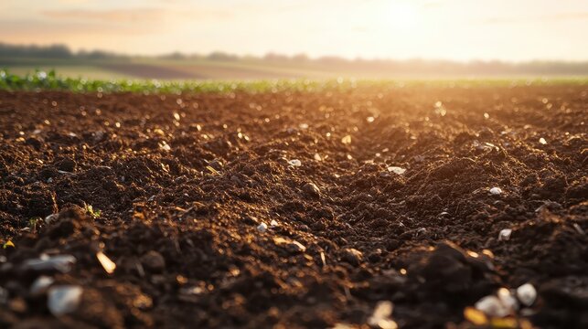 Plowed Agricultural Field Under Sunlight Shows Soil Texture With Visible Microplastic Debris, Indicating Environmental Contamination.