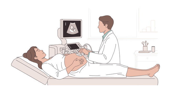 Doctor performs ultrasound on pregnant woman, showing baby on screen.