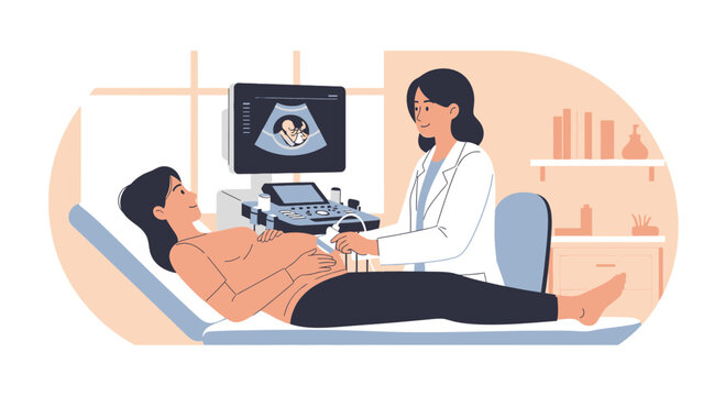 Doctor performing ultrasound on pregnant woman, showing fetus on screen
