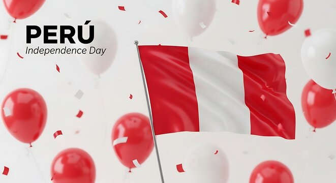 Peru independence day celebration with peruvian flag balloons and confetti