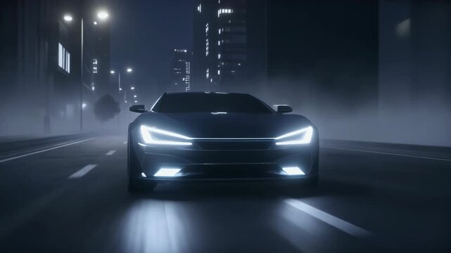 Futuristic Sports Car Driving Through Foggy Night City 4K Generative AI