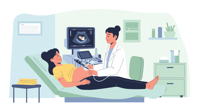 Pregnant Woman Undergoing Ultrasound Scan With Doctor