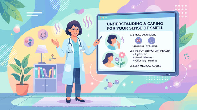 Medical professional explaining sense of smell, healthcare illustration