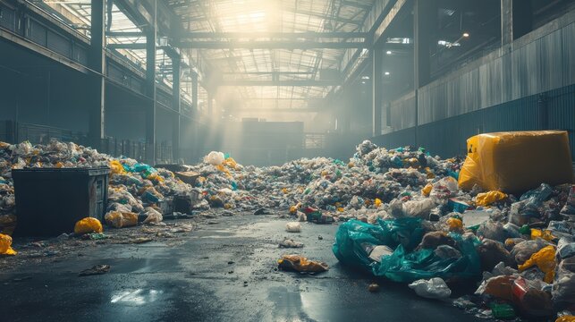 Vast warehouse filled with mountains of excess packaging waste and discarded materials, highlighting environmental crisis.