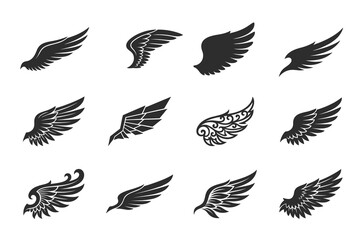 Fototapeta premium Decorative Wing Silhouette Collection with Angel and Bird Feather Elements for Tattoo Graphic Design Projects