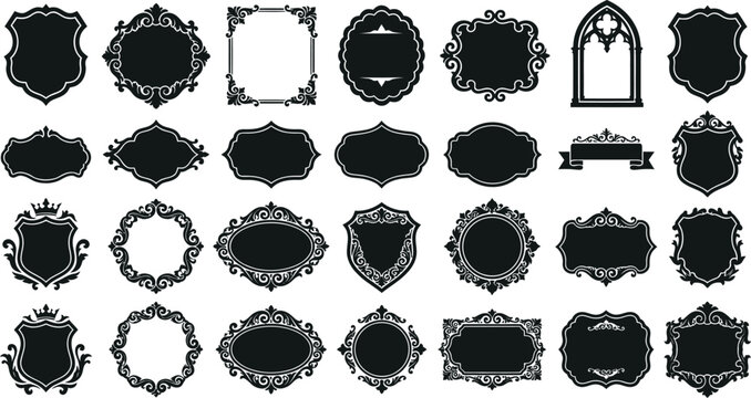 Collection of various ornate frames and shields in black color