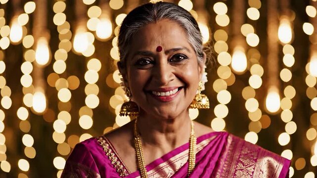 Smiling indian senior woman in traditional pink saree with gold jewelry and bindi posing against a backdrop of warm golden string lights exuding happiness and cultural elegance